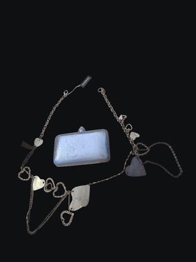 Gold Tone Heart Charm Long Necklace with Metallic Clutch